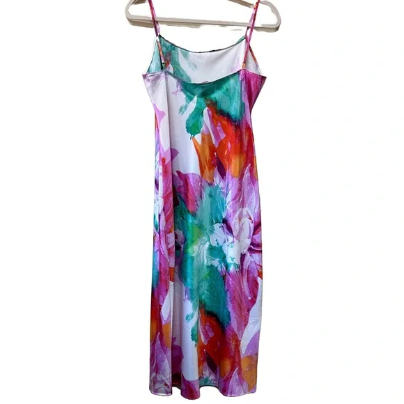 Natori Women's Bright Floral Print Silky Slip Dress Pink Orange Green Size Small - Picture 2 of 4
